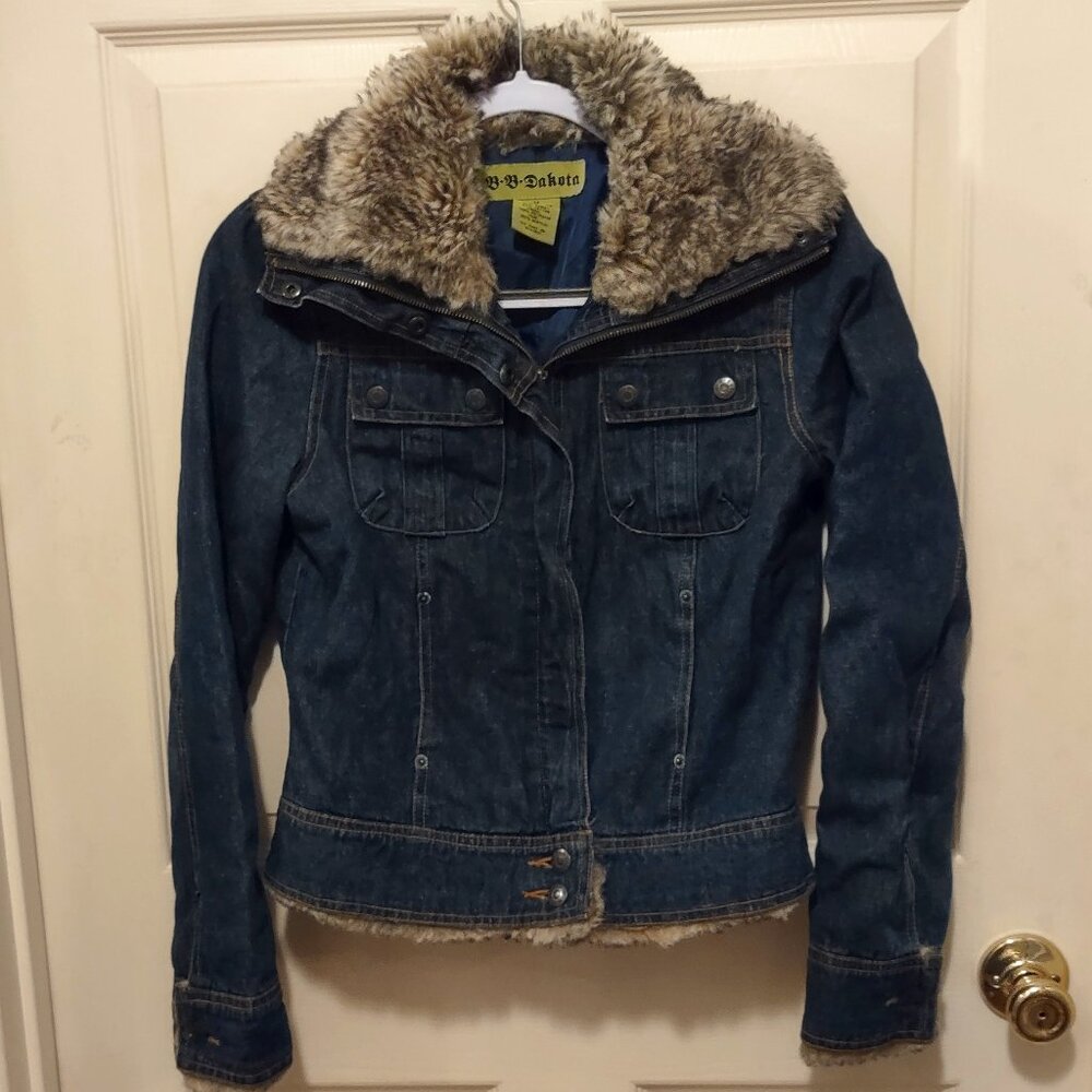 Vintage BB Dakota Denim Faux Fur Jean Jacket With Pockets Sz M Lined